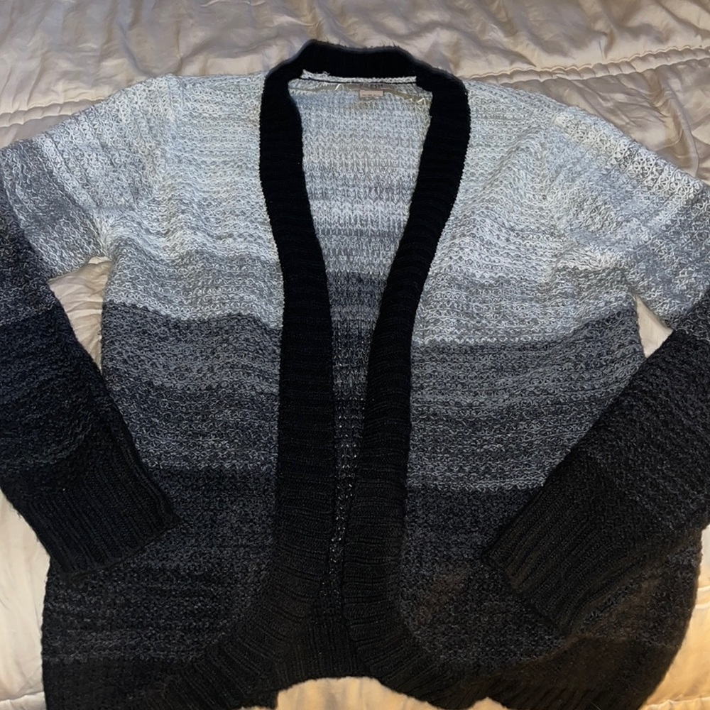 Grey white and black striped cardigan. Size large.